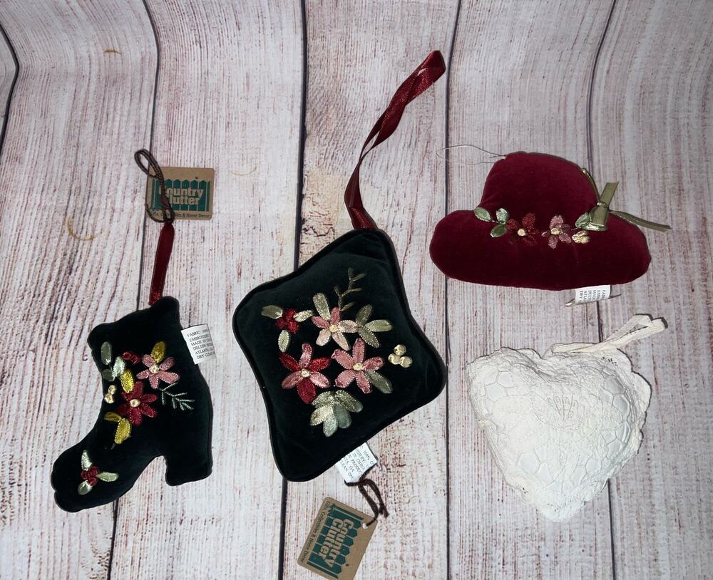 Lot 4 Vintage Fabric Embroidered & Lace Ornament Country Clutter Shoe Hat Heart